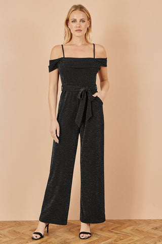 Yumi Black Sparkle Stretch Bardot Jumpsuit - Hstrends