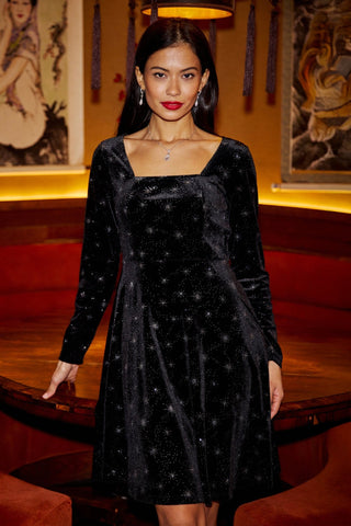 Yumi Black Starburst Foil Print Long Sleeve Skater Dress - Hstrends