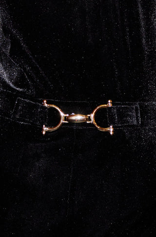 Yumi Black Velvet Jumpsuit With Twist Neckline And Buckle Belt - Hstrends