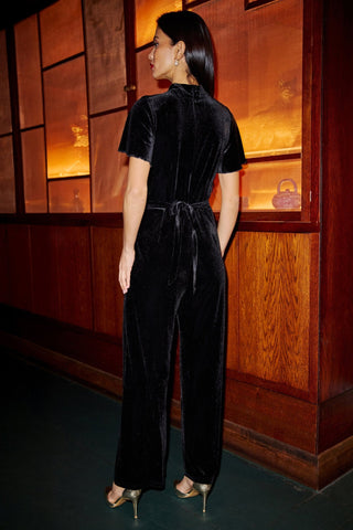 Yumi Black Velvet Jumpsuit With Twist Neckline And Buckle Belt - Hstrends