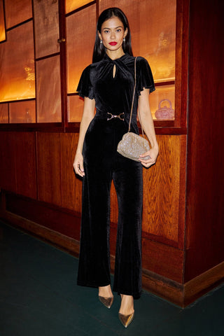 Yumi Black Velvet Jumpsuit With Twist Neckline And Buckle Belt - Hstrends