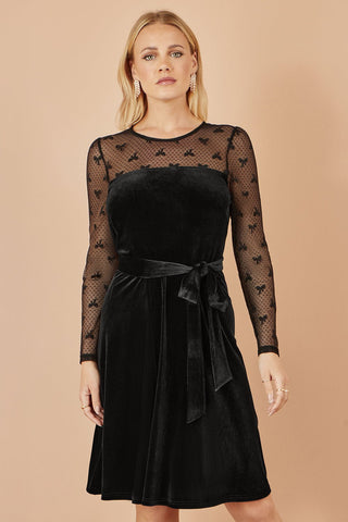 Yumi Black Velvet Skater Dress With Mesh Bow Sleeves - Hstrends