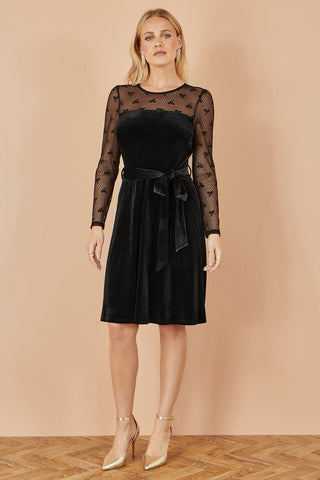 Yumi Black Velvet Skater Dress With Mesh Bow Sleeves - Hstrends