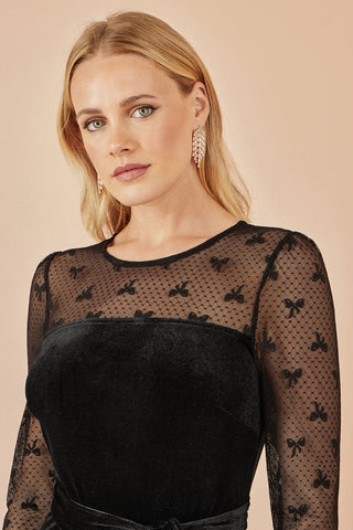 Yumi Black Velvet Skater Dress With Mesh Bow Sleeves - Hstrends