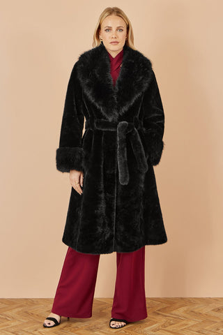 Yumi Black Wrap Faux Fur Coat With Oversize Collar - Hstrends