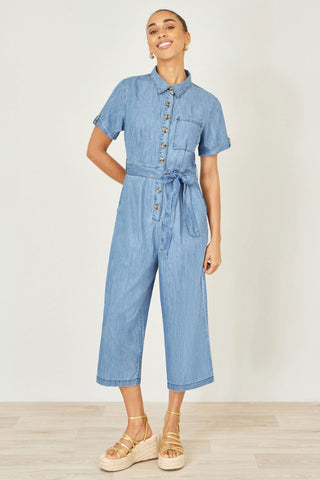 Yumi Blue Chambray Light Denim Button Jumpsuit - Hstrends