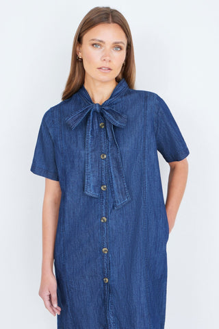 Yumi Blue Chambray Tunic With Pussy Bow Tie - Hstrends