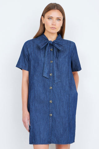 Yumi Blue Chambray Tunic With Pussy Bow Tie - Hstrends