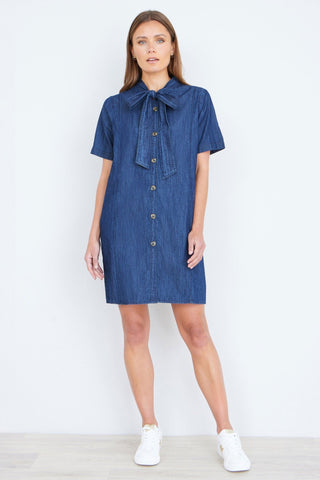 Yumi Blue Chambray Tunic With Pussy Bow Tie - Hstrends