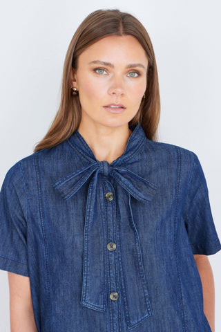 Yumi Blue Chambray Tunic With Pussy Bow Tie - Hstrends