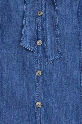 Yumi Blue Chambray Tunic With Pussy Bow Tie - Hstrends