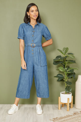 Yumi Blue Cotton Chambray Button Up Jumpsuit - Hstrends
