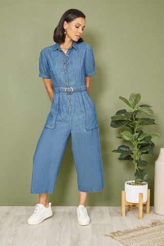 Yumi Blue Cotton Chambray Button Up Jumpsuit - Hstrends