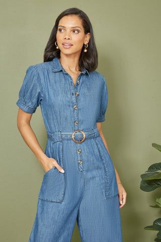 Yumi Blue Cotton Chambray Button Up Jumpsuit - Hstrends