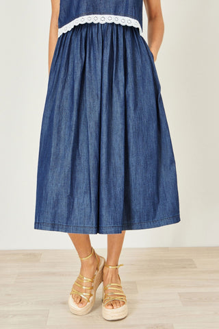 Yumi Blue Denim Chambray Gathered Midi Skirt - Hstrends