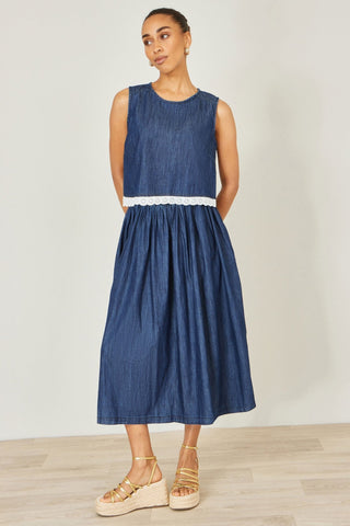Yumi Blue Denim Chambray Gathered Midi Skirt - Hstrends