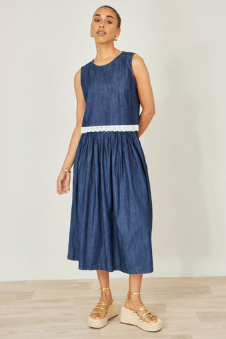 Yumi Blue Denim Chambray Gathered Midi Skirt - Hstrends