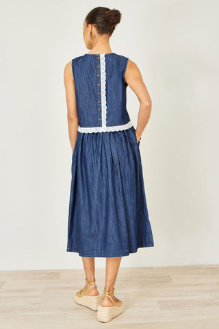 Yumi Blue Denim Chambray Gathered Midi Skirt - Hstrends