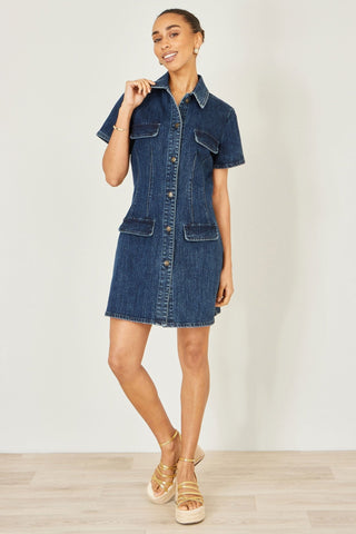 Yumi Blue Denim Stretch Shirt Dress With Pocket Details - Hstrends