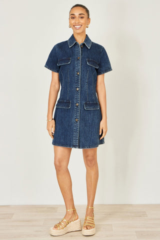 Yumi Blue Denim Stretch Shirt Dress With Pocket Details - Hstrends