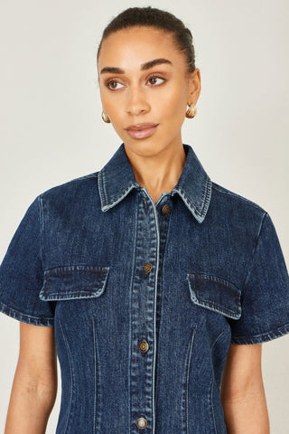 Yumi Blue Denim Stretch Shirt Dress With Pocket Details - Hstrends