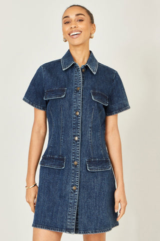 Yumi Blue Denim Stretch Shirt Dress With Pocket Details - Hstrends