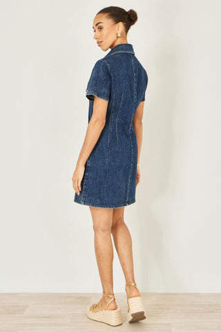 Yumi Blue Denim Stretch Shirt Dress With Pocket Details - Hstrends