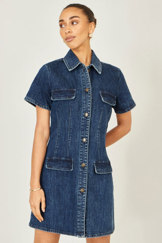 Yumi Blue Denim Stretch Shirt Dress With Pocket Details - Hstrends
