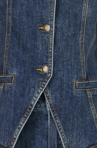 Yumi Blue Stretch Long Denim Waistcoat - Hstrends