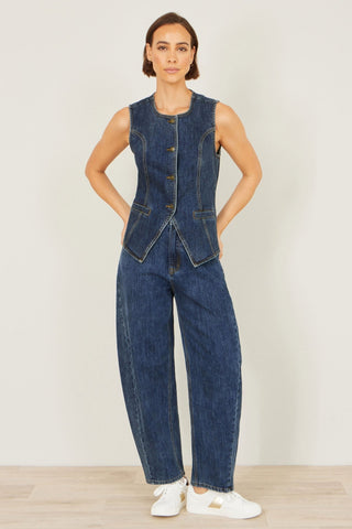 Yumi Blue Stretch Long Denim Waistcoat - Hstrends