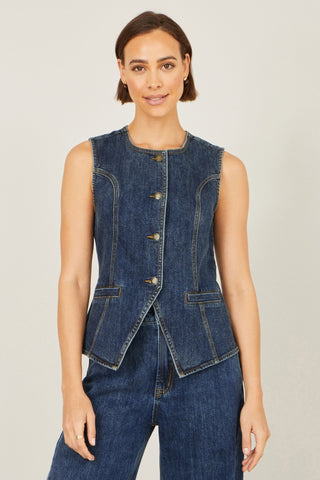 Yumi Blue Stretch Long Denim Waistcoat - Hstrends