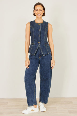 Yumi Blue Stretch Long Denim Waistcoat - Hstrends