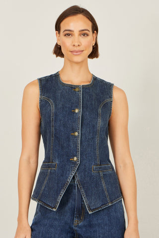 Yumi Blue Stretch Long Denim Waistcoat - Hstrends