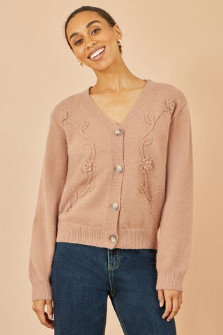 Yumi Brown Floral Embroidered Relaxed Fit Cardigan - Hstrends