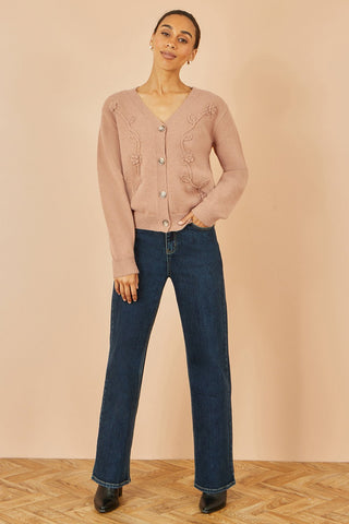 Yumi Brown Floral Embroidered Relaxed Fit Cardigan - Hstrends