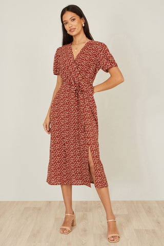 Yumi Brown Spot Wrap Midi Dress - Hstrends
