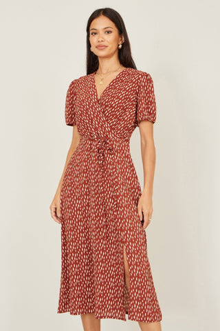 Yumi Brown Spot Wrap Midi Dress - Hstrends