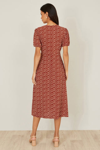 Yumi Brown Spot Wrap Midi Dress - Hstrends