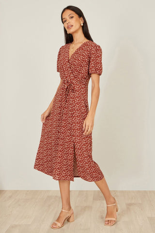 Yumi Brown Spot Wrap Midi Dress - Hstrends