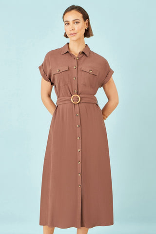 Yumi Brown Viscose Linen Look Midi Shirt Dress With Wooden Belt - Hstrends