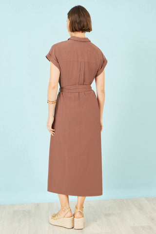Yumi Brown Viscose Linen Look Midi Shirt Dress With Wooden Belt - Hstrends