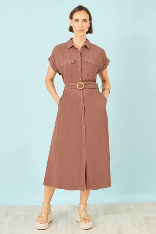 Yumi Brown Viscose Linen Look Midi Shirt Dress With Wooden Belt - Hstrends