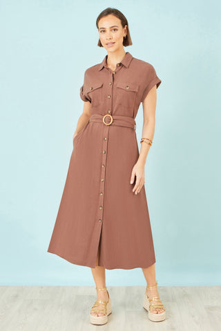 Yumi Brown Viscose Linen Look Midi Shirt Dress With Wooden Belt - Hstrends
