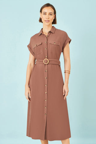 Yumi Brown Viscose Linen Look Midi Shirt Dress With Wooden Belt - Hstrends