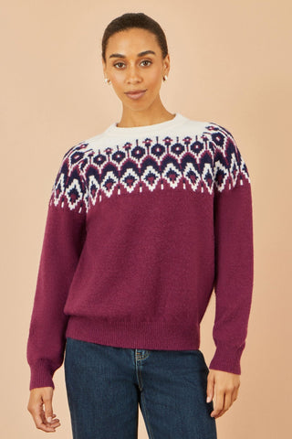 Yumi Burgundy Fair isle Relaxed Fit Knitted Jumper - Hstrends