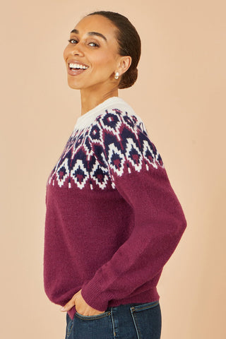 Yumi Burgundy Fair isle Relaxed Fit Knitted Jumper - Hstrends