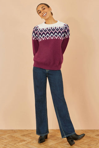 Yumi Burgundy Fair isle Relaxed Fit Knitted Jumper - Hstrends