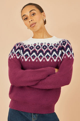Yumi Burgundy Fair isle Relaxed Fit Knitted Jumper - Hstrends