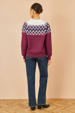 Yumi Burgundy Fair isle Relaxed Fit Knitted Jumper - Hstrends