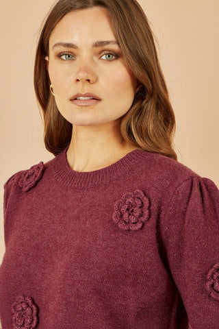 Yumi Burgundy Knitted Jumper With Crochet Flowers - Hstrends